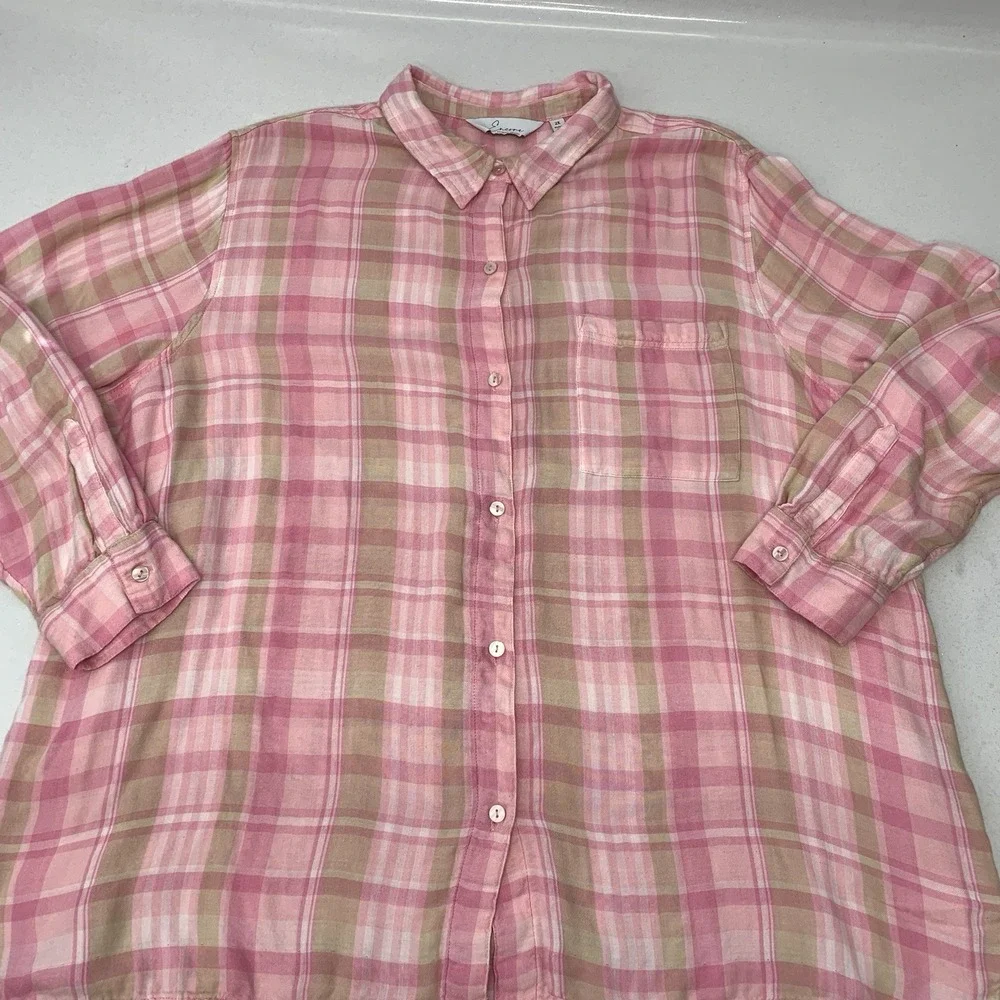 Encore Idina Menzel Pink Plaid Button‎ Front Soft Flannel Shirt Woman 2X Casual